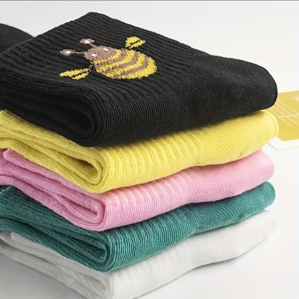Colorful Bee Embroidered Ribbed Socks Set Ankle Socks - Picture 5 of 6